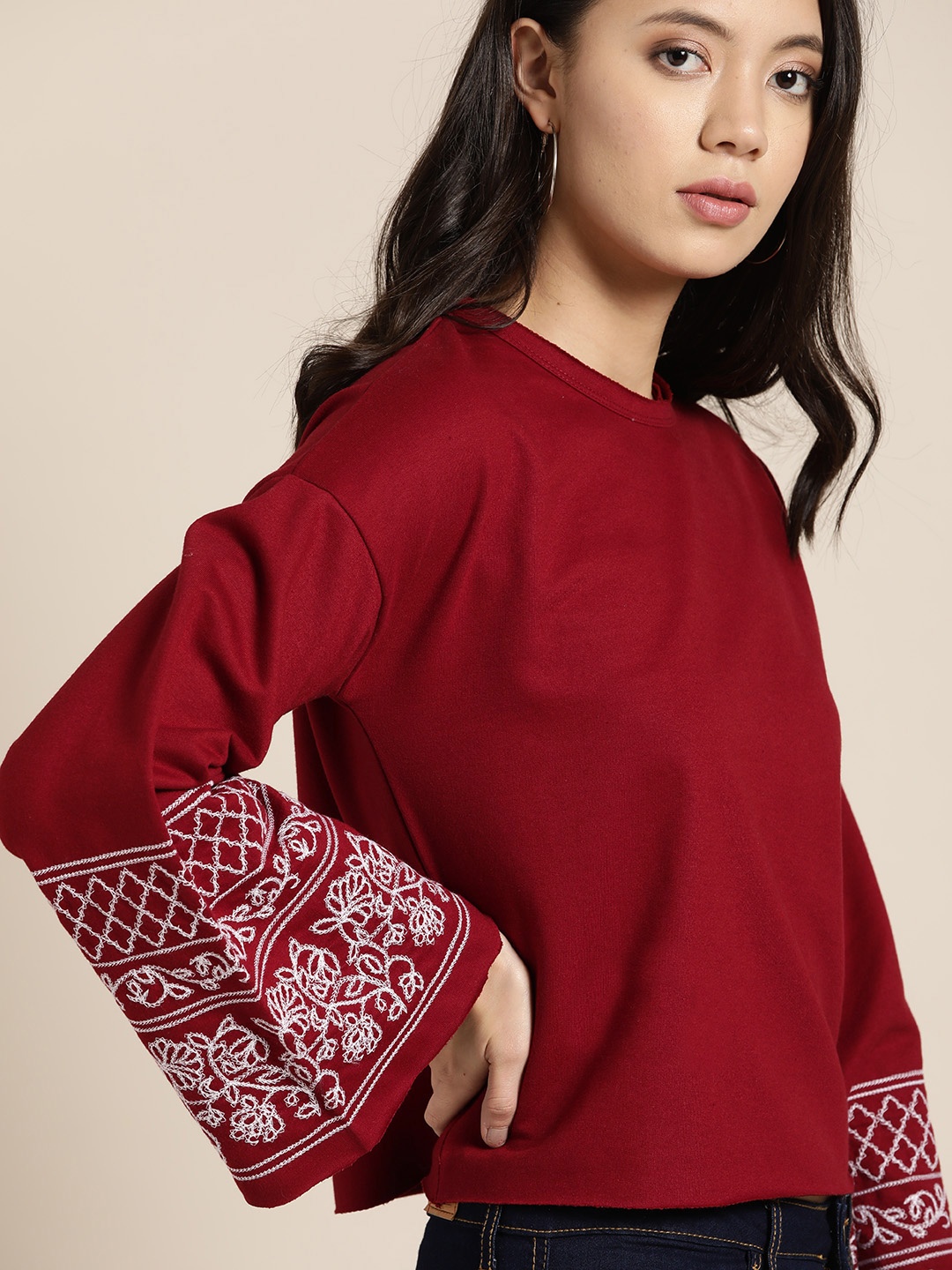 

all about you Women Maroon Solid Sweatshirt with Embroidered Detail