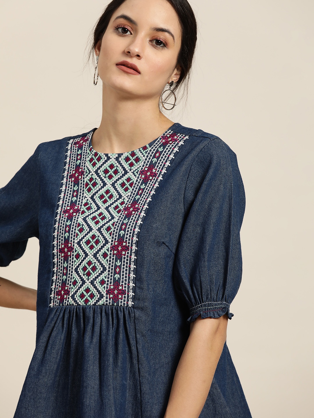 

all about you Women Navy Blue Embroidered A-Line Pure Cotton Top