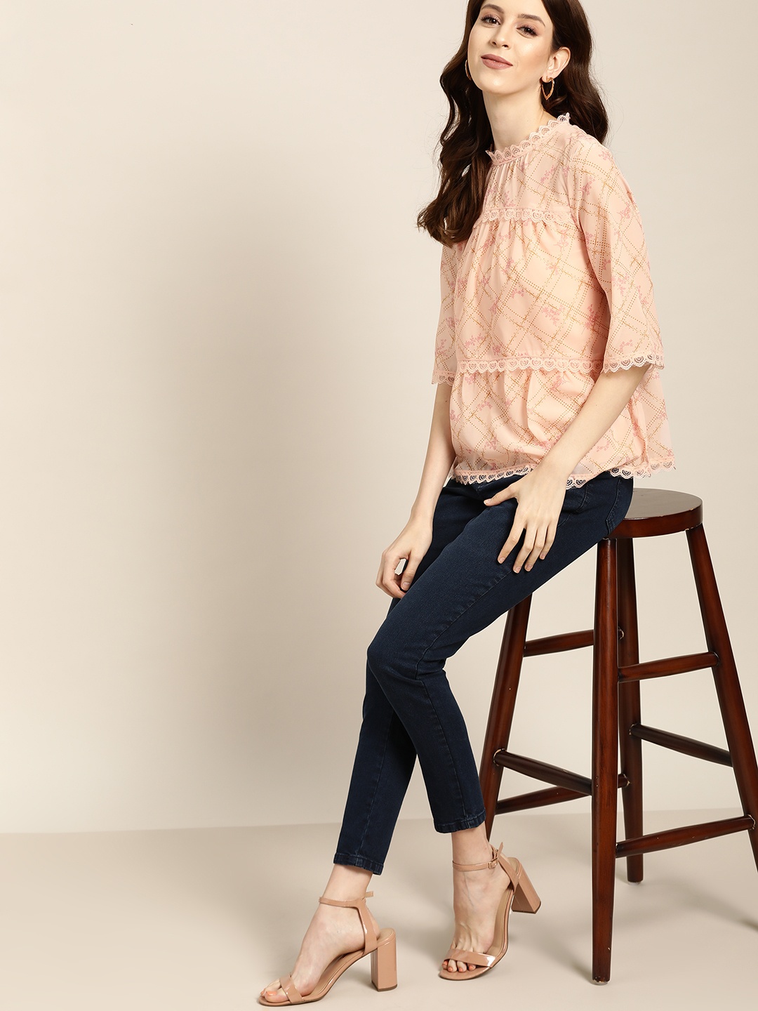 

all about you Women Peach-Coloured & Mustard Yellow Floral Printed Detailed Checked Top