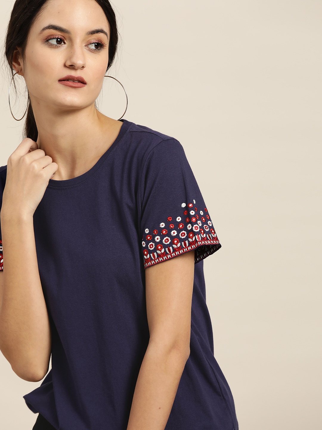 

all about you Women Navy Blue Solid Round Neck T-shirt