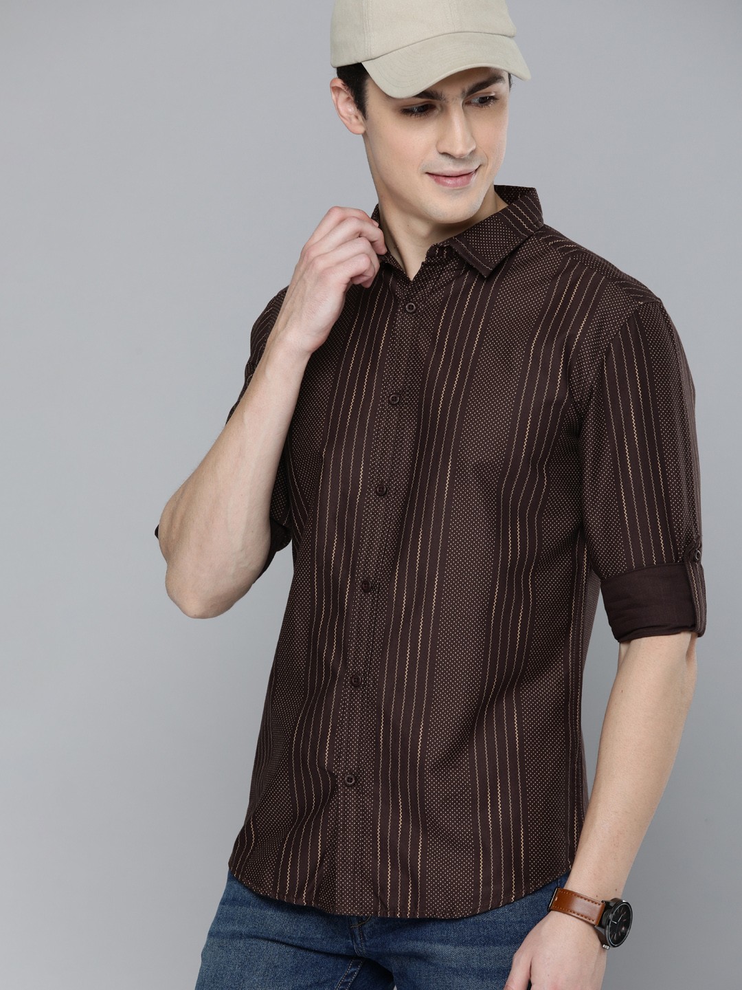 

HERE&NOW Men Brown & Beige Slim Fit Striped Casual Shirt