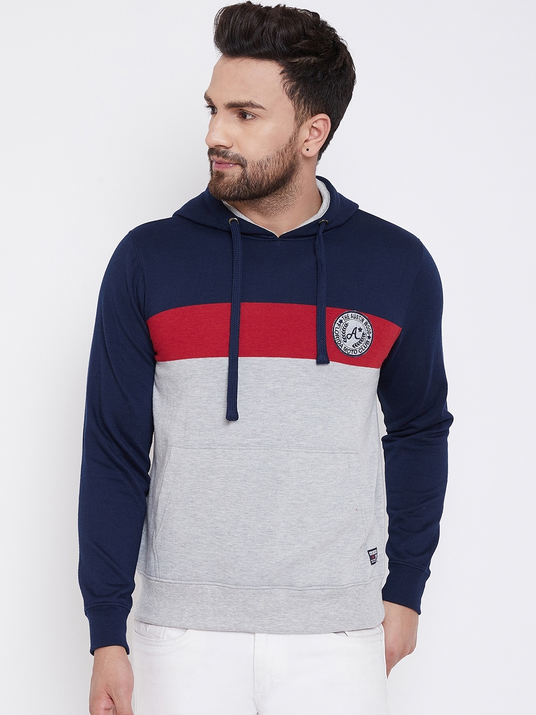 

Austin wood Men Grey & Navy Blue Colourblocked Hooded Sweatshirt