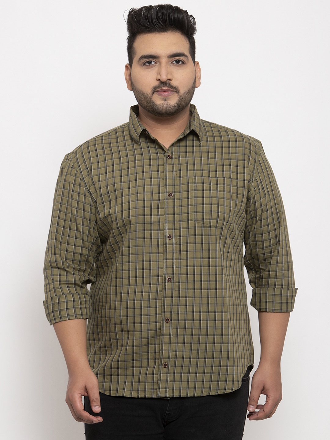 

plusS Men Olive Green & Black Regular Fit Checked Casual Shirt