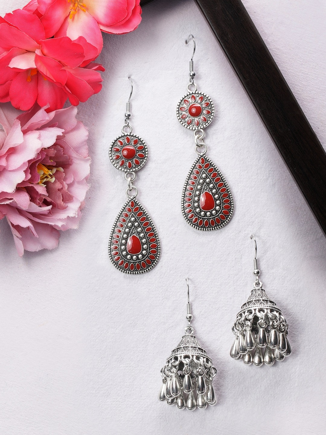 

Rubans Set Of 2 Silver-Plated & Red Classic Jhumkas