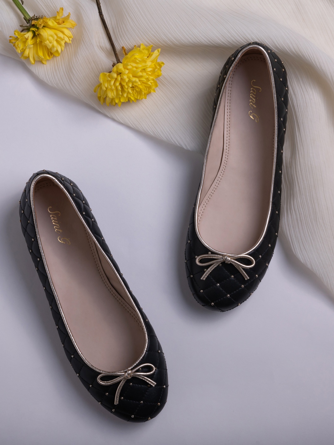 

Saint G Women Black Solid Leather Ballerinas