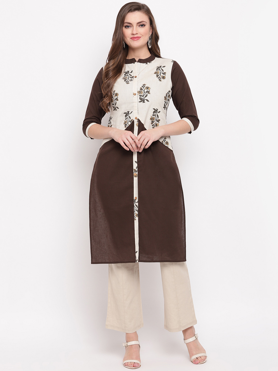 

Vbuyz Women Brown & Off-White Printed A-Line Kurta
