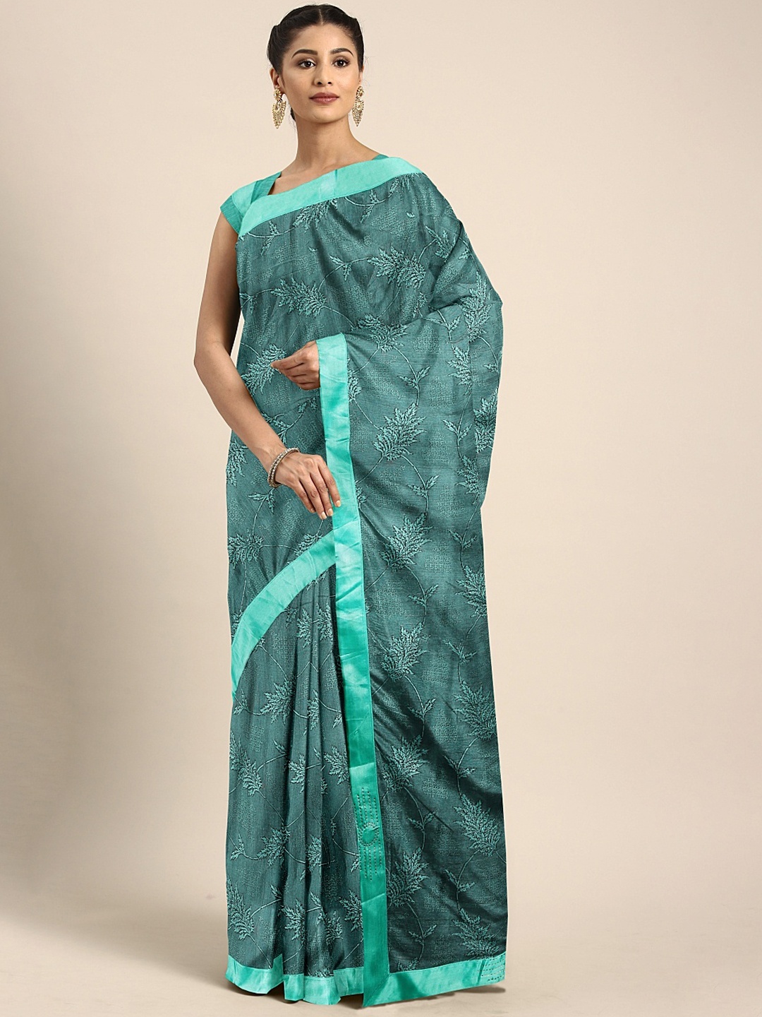 

KALINI Teal Blue Printed Poly Silk Saree with Embellished Border