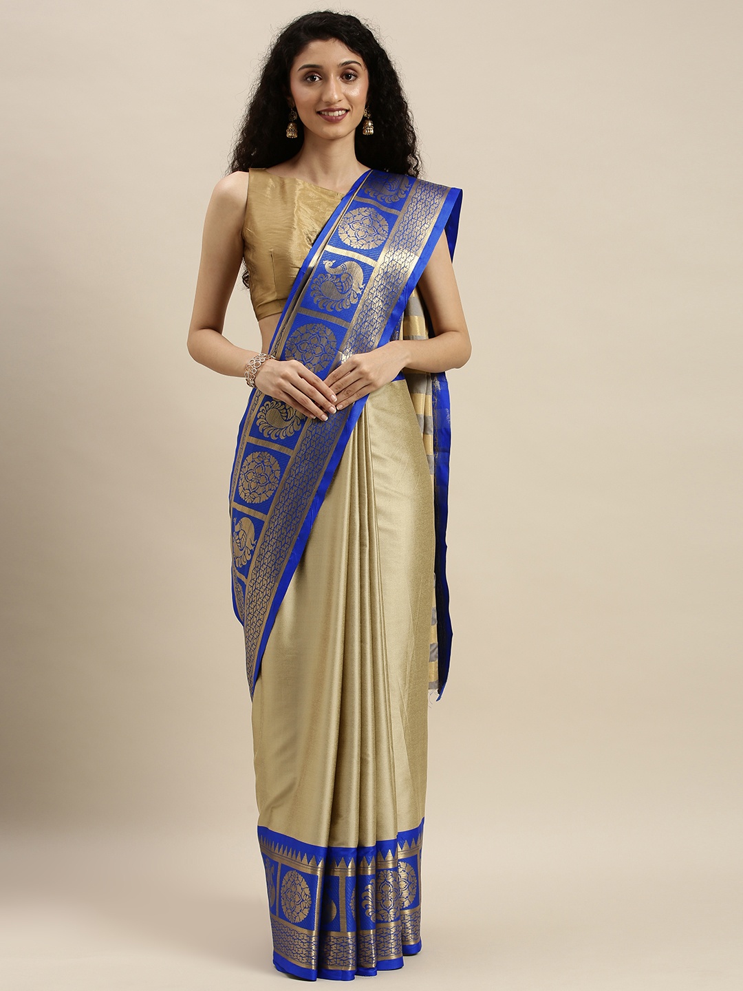 

KALINI Beige Solid Poly Silk Saree