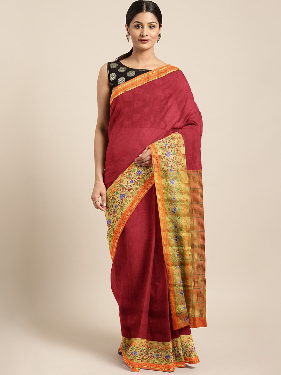 

KALINI Red Solid Polycotton Saree