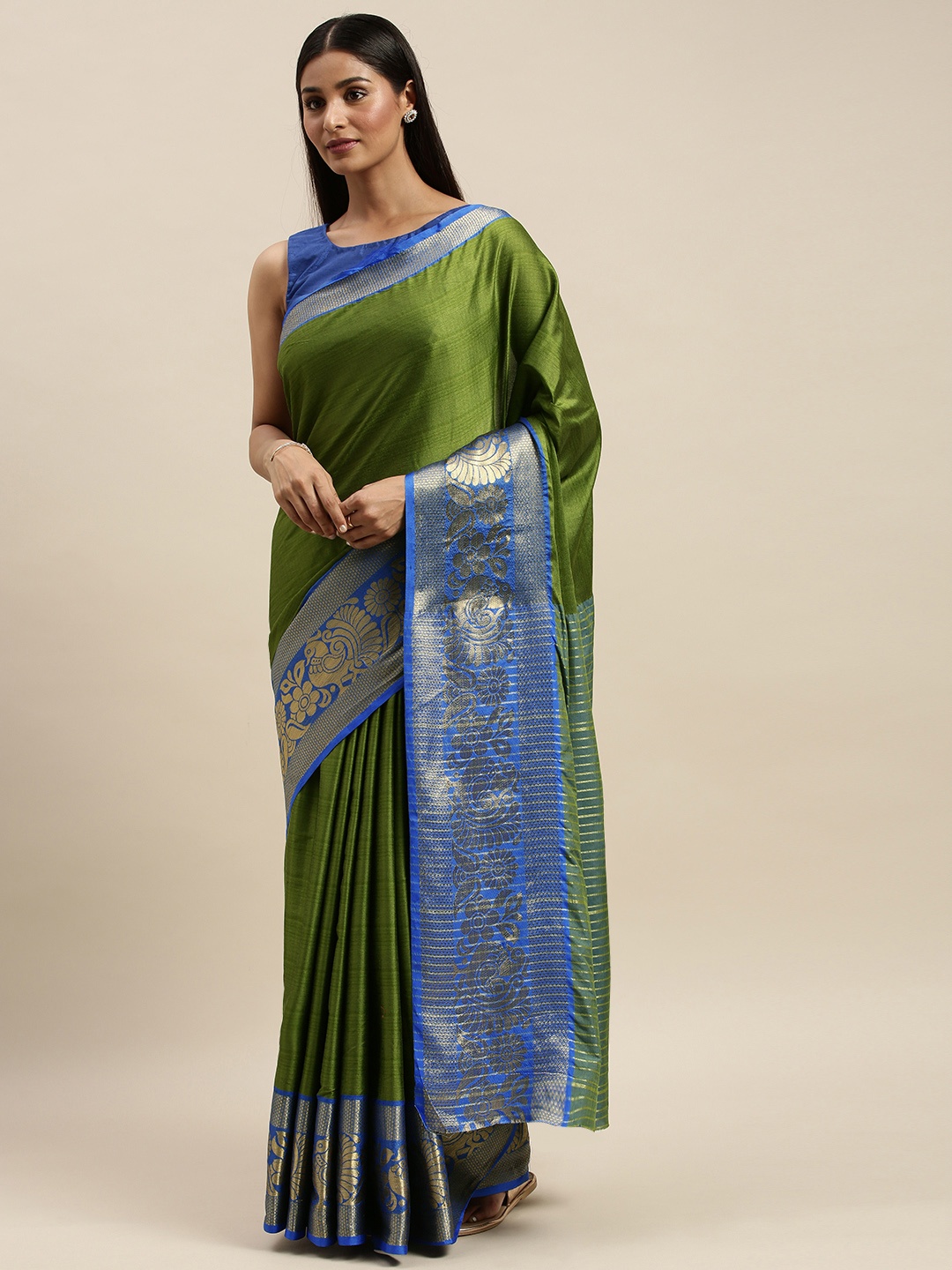 

KALINI Green Striped Poly Silk Saree