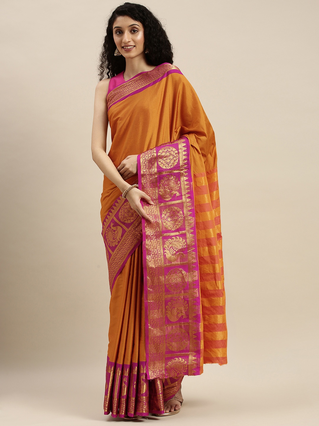 

KALINI Orange & Pink Poly Silk Woven Design Saree