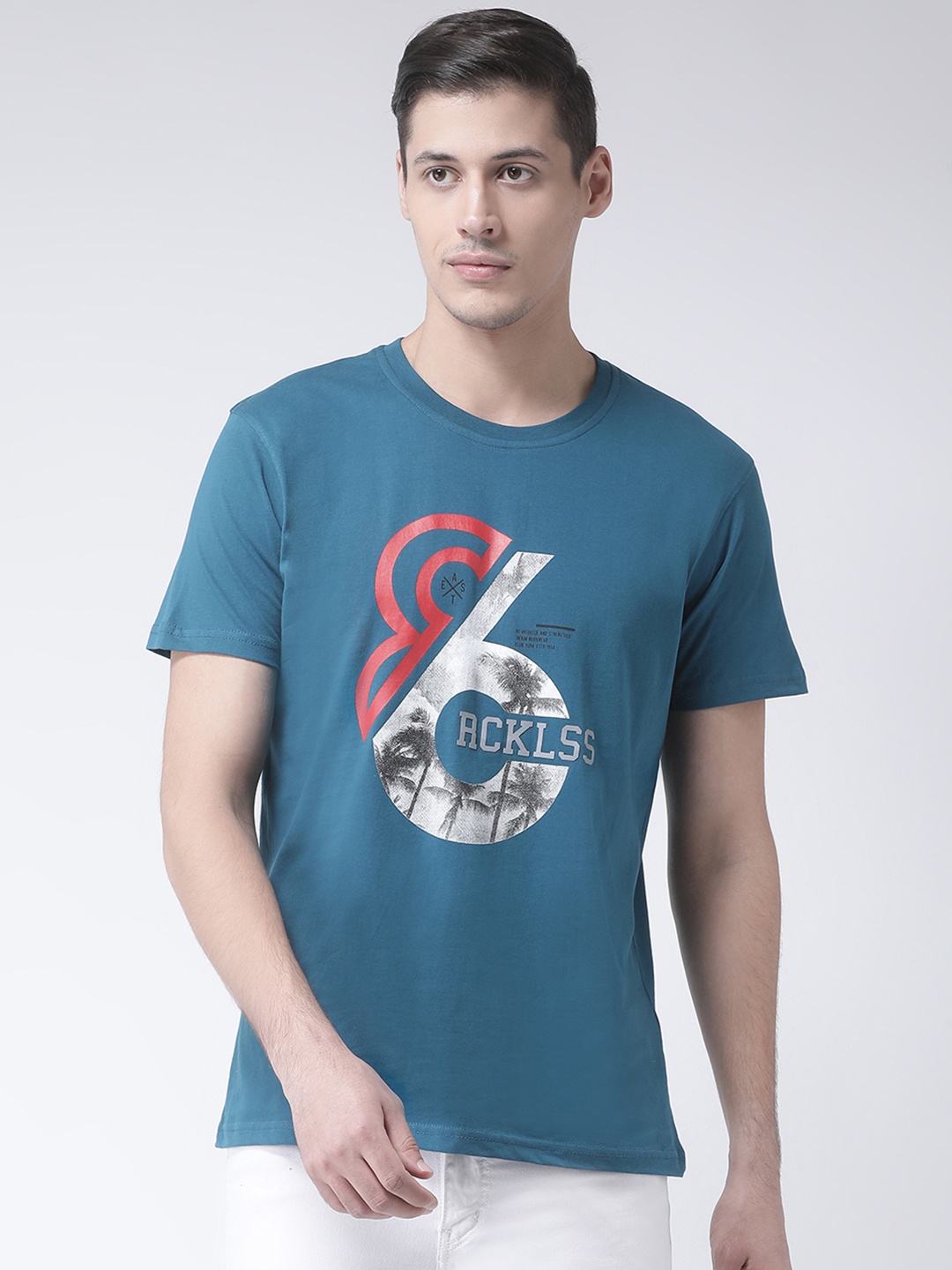 

Club York Men Teal Blue Printed Round Neck T-shirt