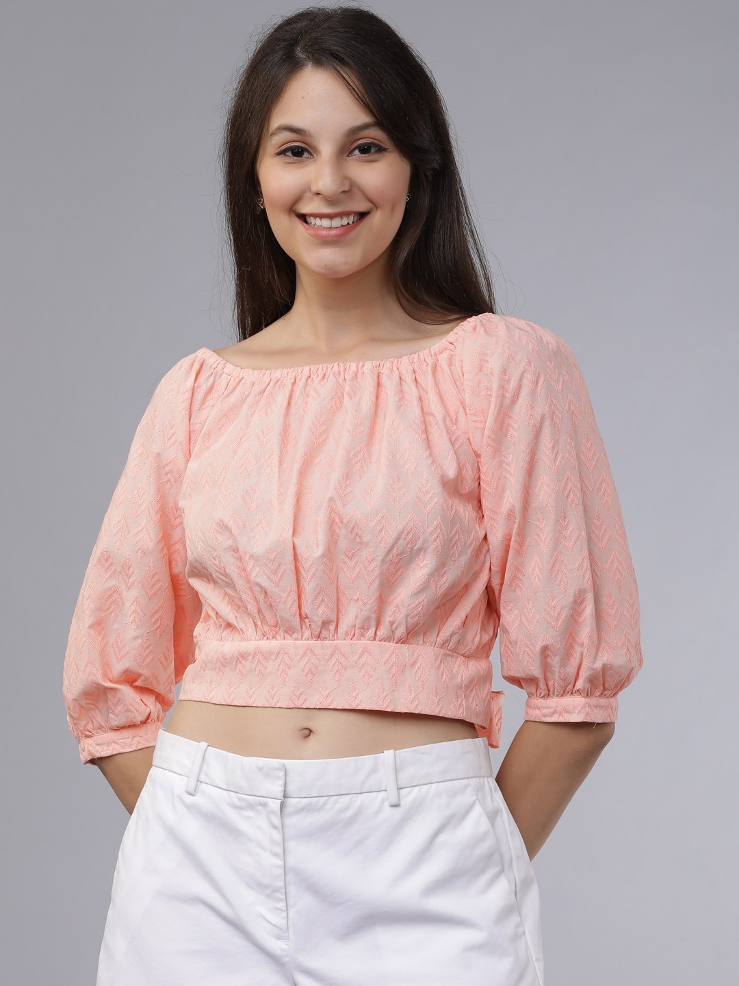 

Tokyo Talkies Women Peach-Coloured Embroidered Styled Back Crop Top