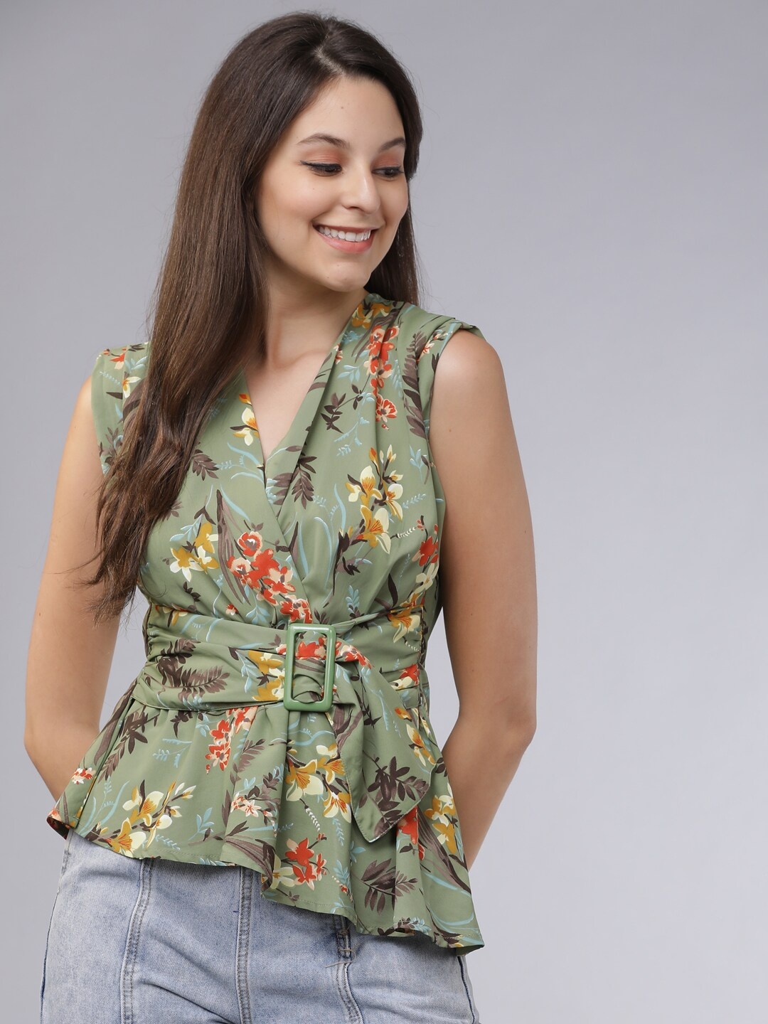 

Tokyo Talkies Women Green Floral Printed Wrap Top