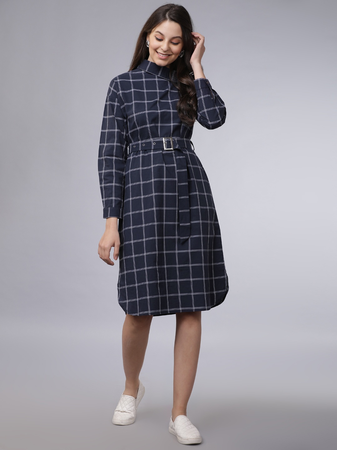 

Tokyo Talkies Women Navy Blue Checked Shirt Dress