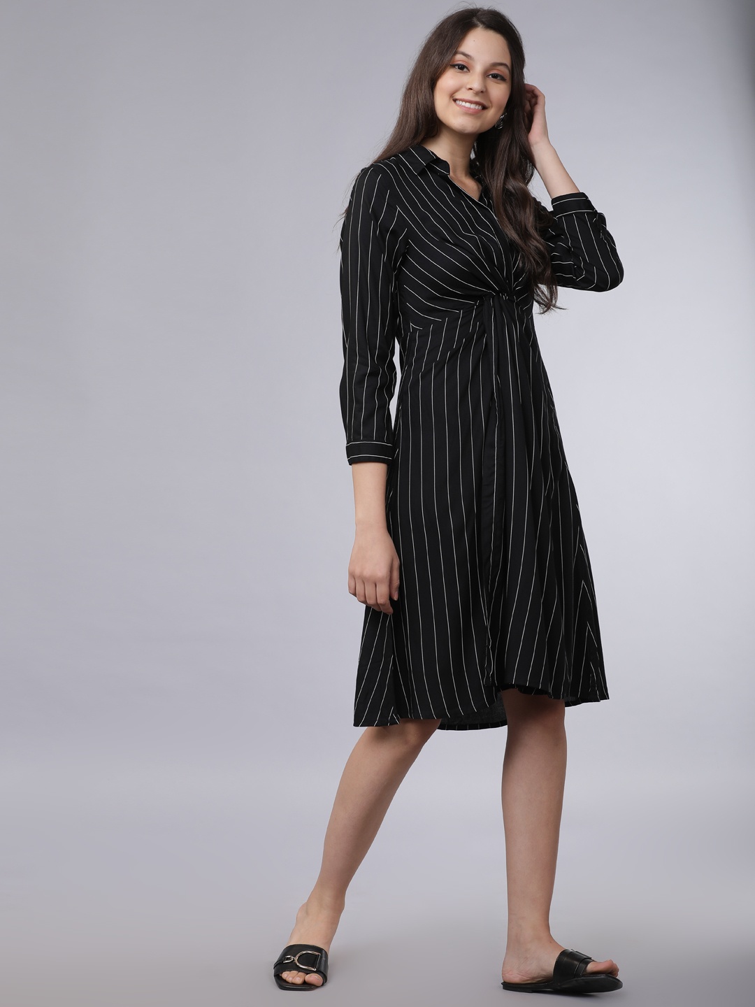 

Tokyo Talkies Women Black & White Striped A-Line Dress