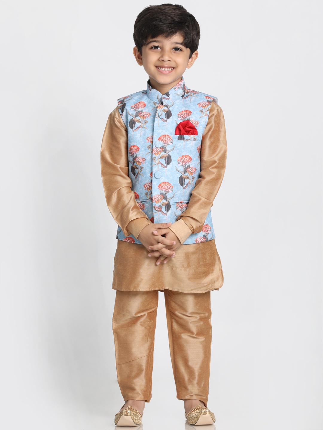 

JBN Creation Boys Gold-Toned & Blue Solid Kurta With Pyjamas & Nehru jacket