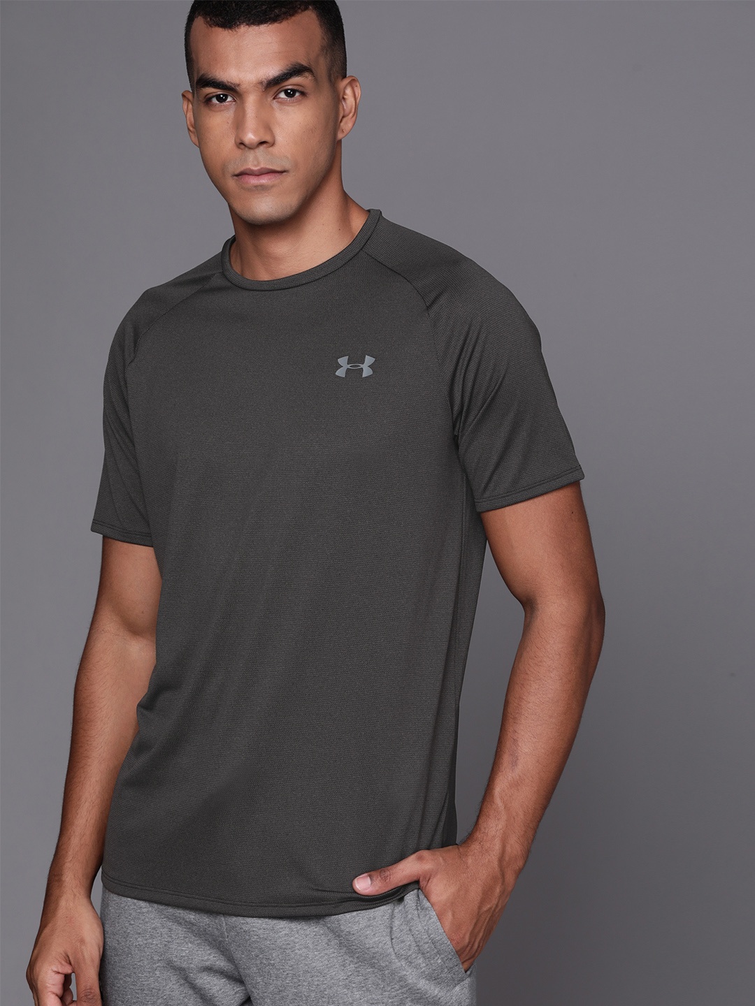

UNDER ARMOUR Men Charcoal Grey & White Self Design UA Tech 2.0 Sustainable TShirt