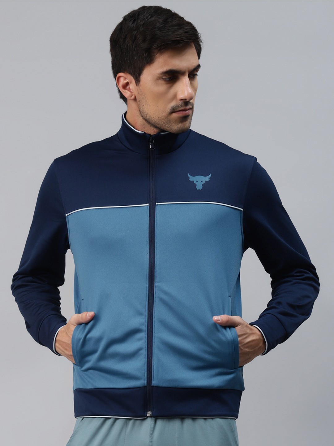 

UNDER ARMOUR Men Blue Project Rock Knit Colourblocked Track Jacket