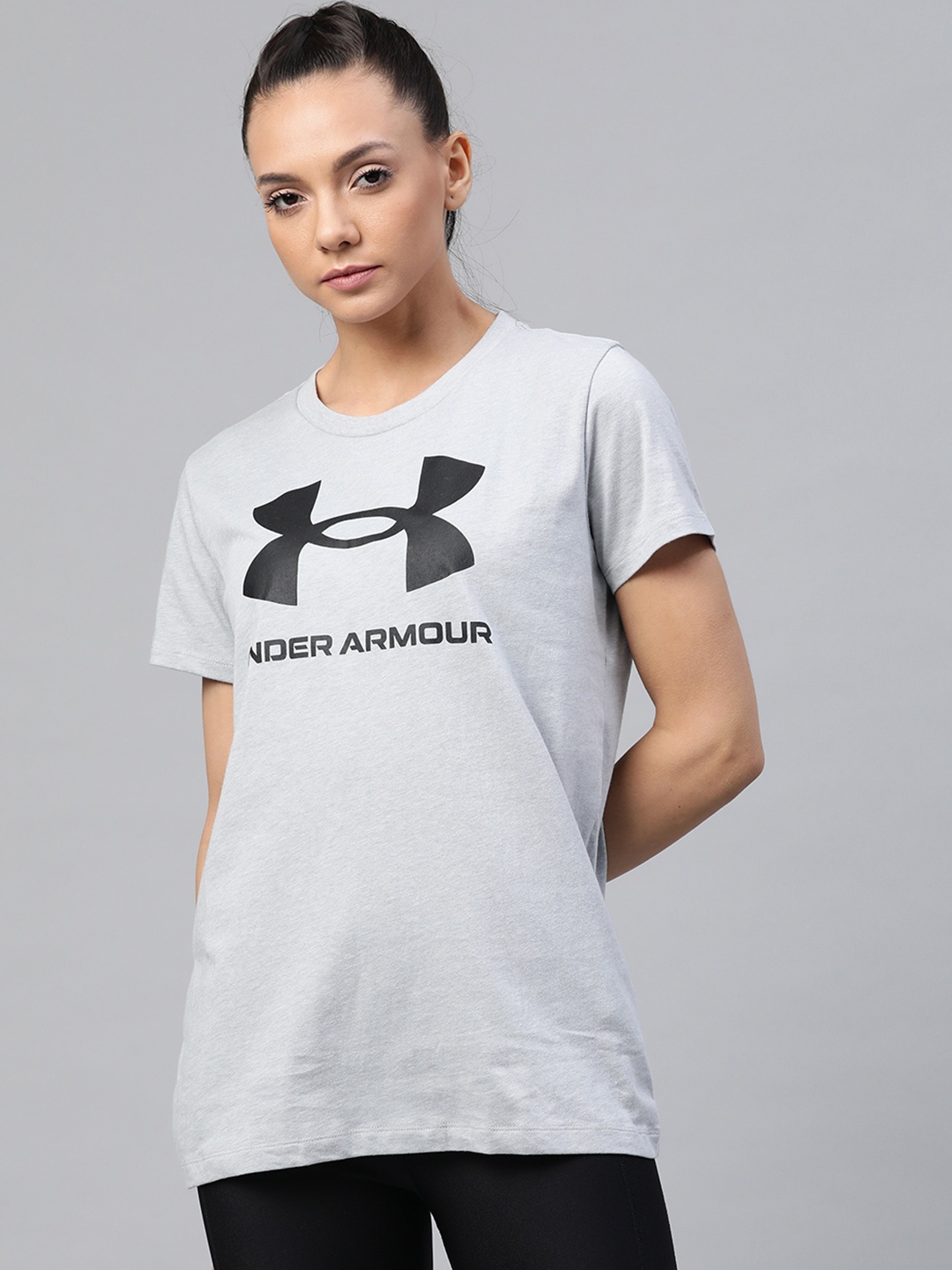 

UNDER ARMOUR Women Grey Melange & Black Live Sportstyle Graphic Brand Logo Print T-shirt