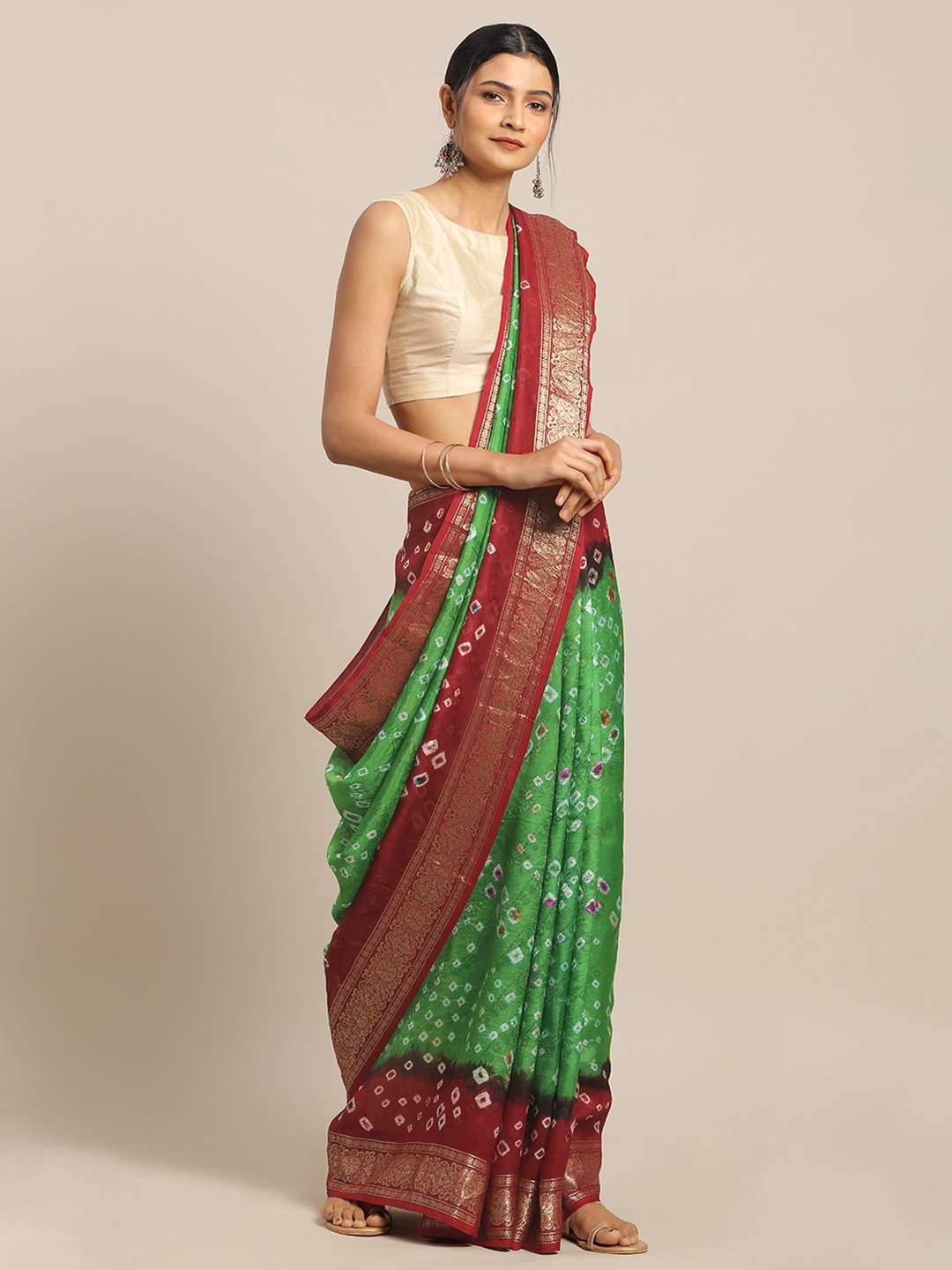 

Geroo Jaipur Hand Dyed Maroon & Orange Bandhani Silk Sustainable Saree, Green