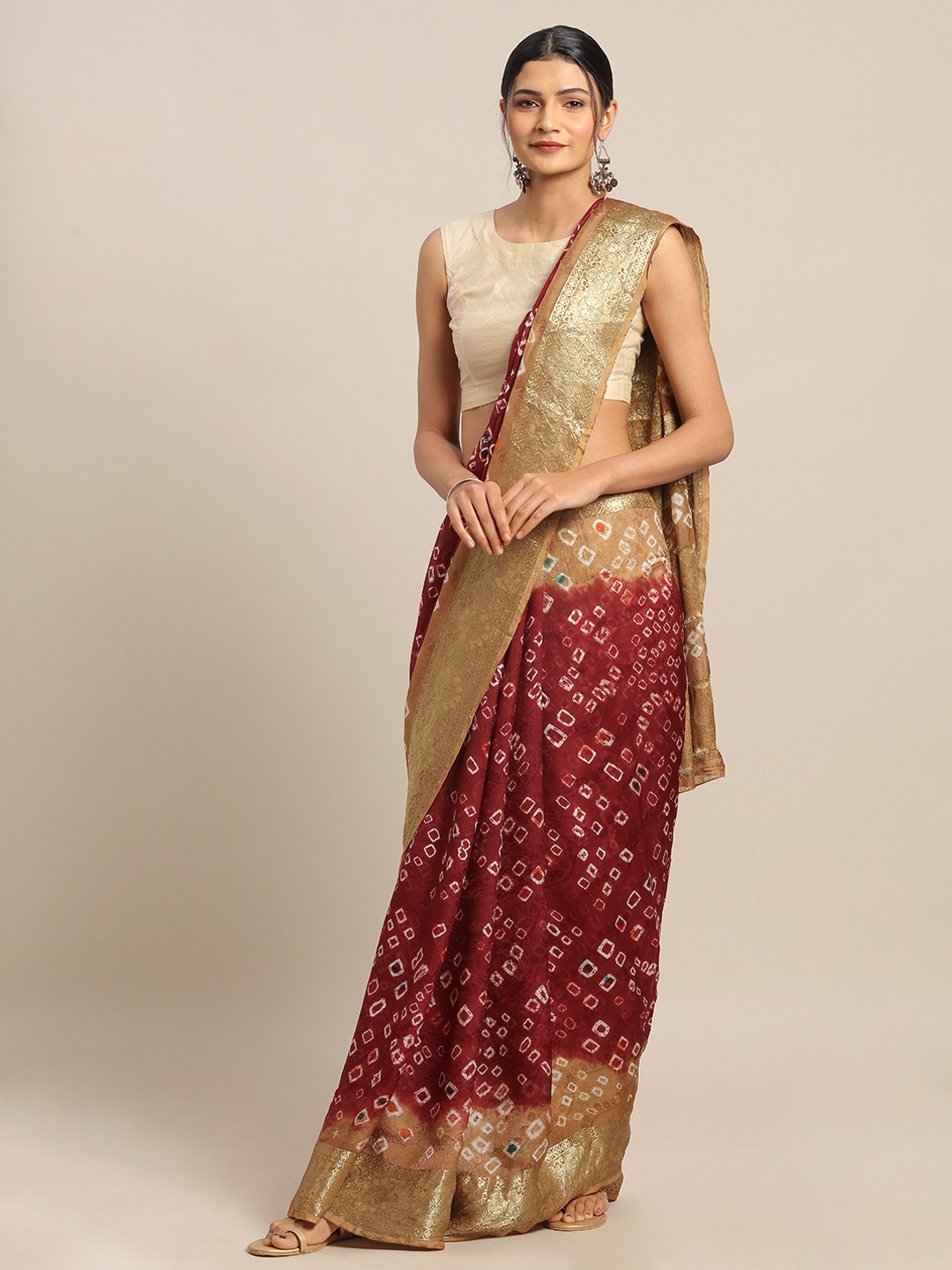 

Geroo Jaipur Hand Dyed Maroon & Beige Bandhani Silk Sustainable Saree