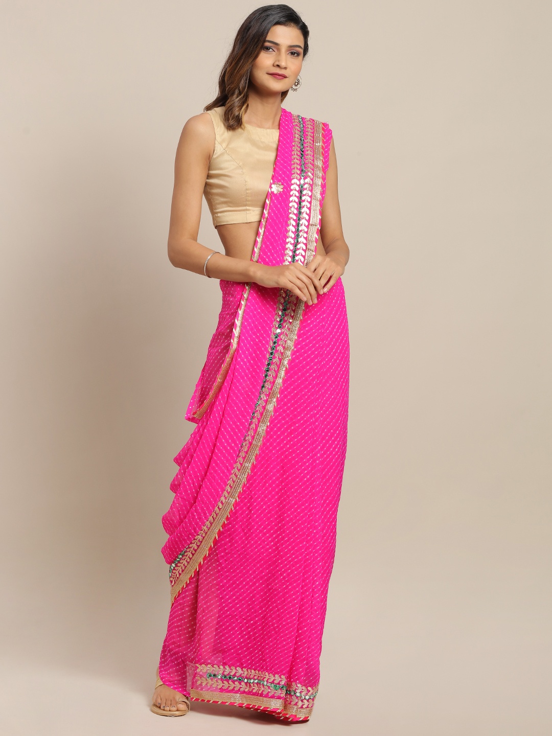 

Geroo Jaipur Handcrafted Gota Patti Leheriya Saree, Pink