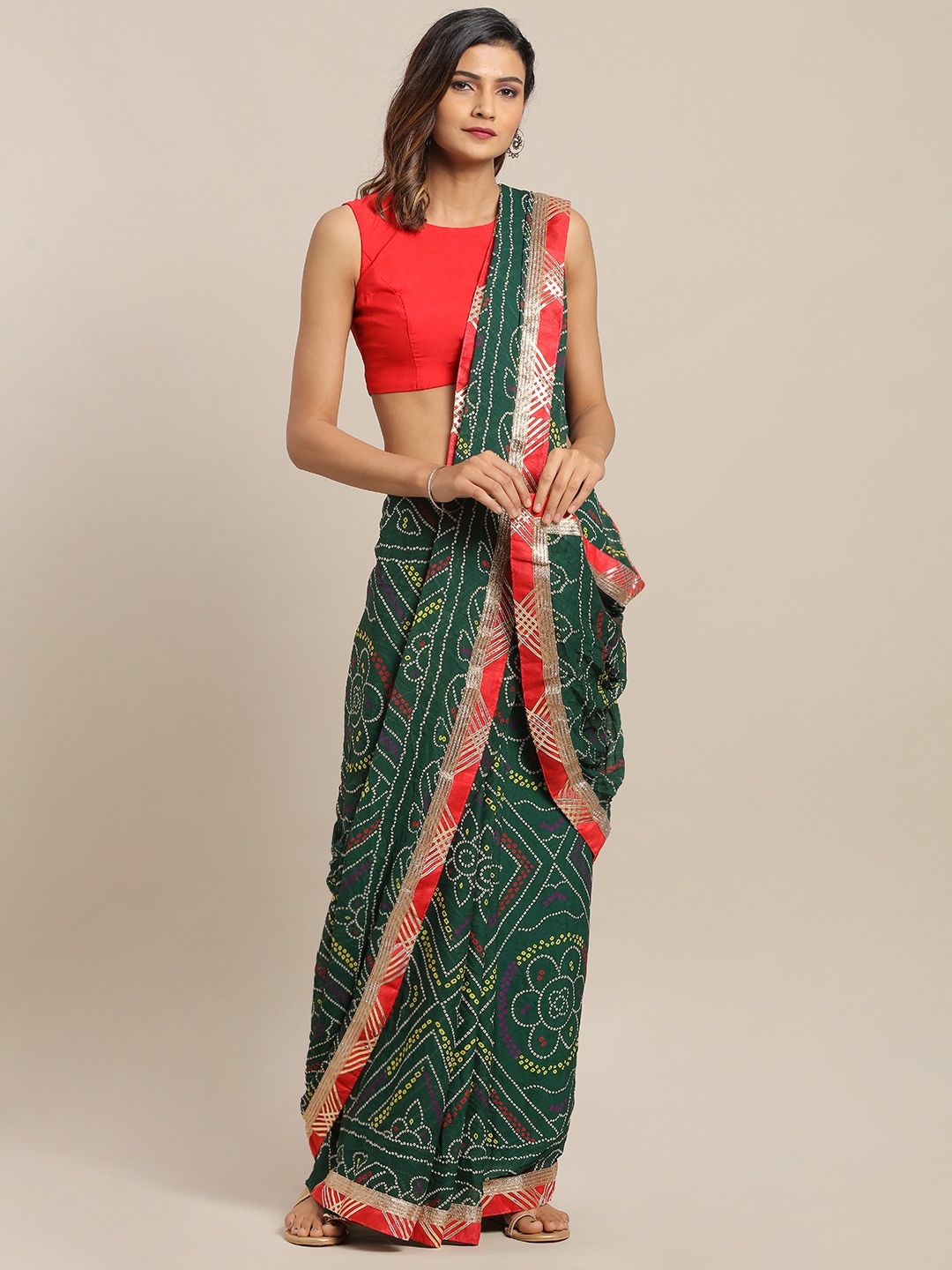 

Geroo Jaipur Hand Dyed Green Bandhani Georgette Sustainable Saree