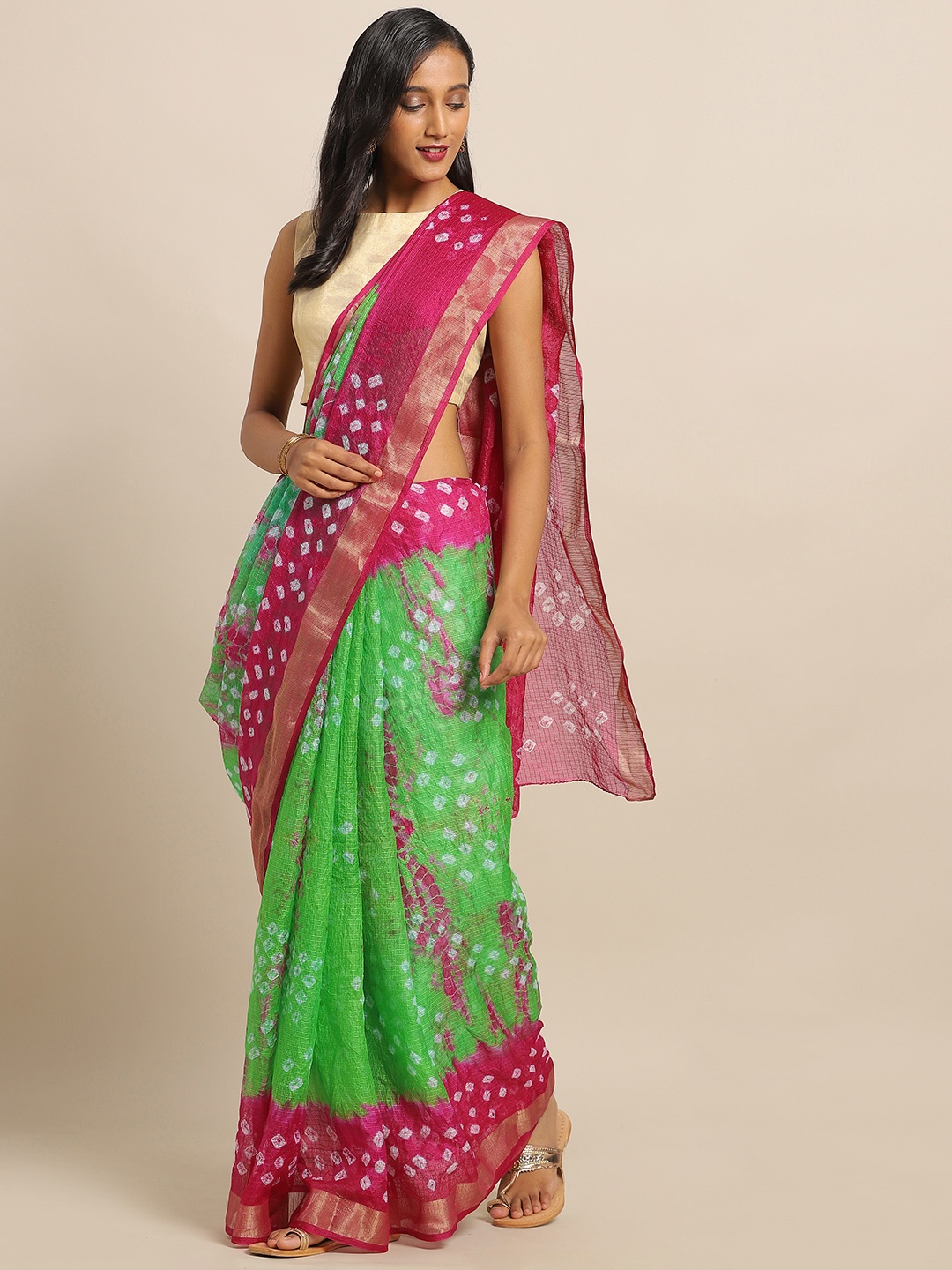 

Geroo Jaipur Hand Dyed Green & Pink Bandhani Kota Silk Saree