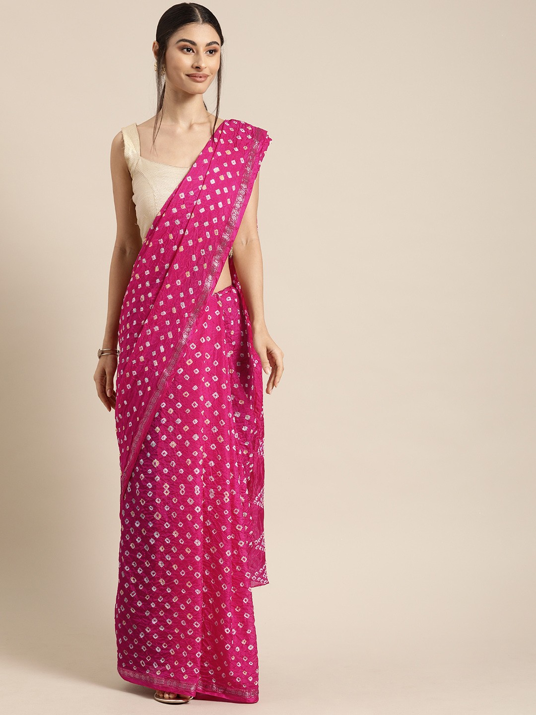

Mitera Hand Dyed Pink Bandhani Silk Sustainable Saree