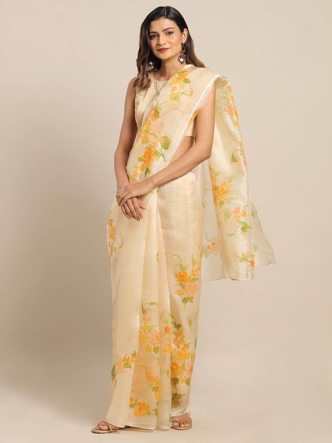 

Geroo Jaipur Beige & Yellow Hand Painted Floral Organza Sustainable Saree