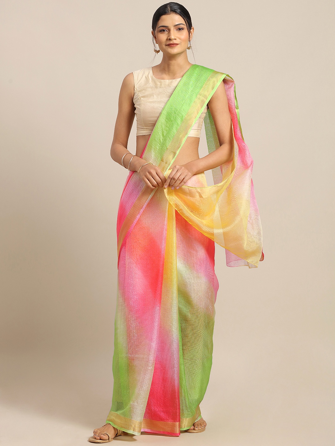 

Geroo Jaipur Hand Dyed Multicolor Bandhani Kota Silk Saree, Green