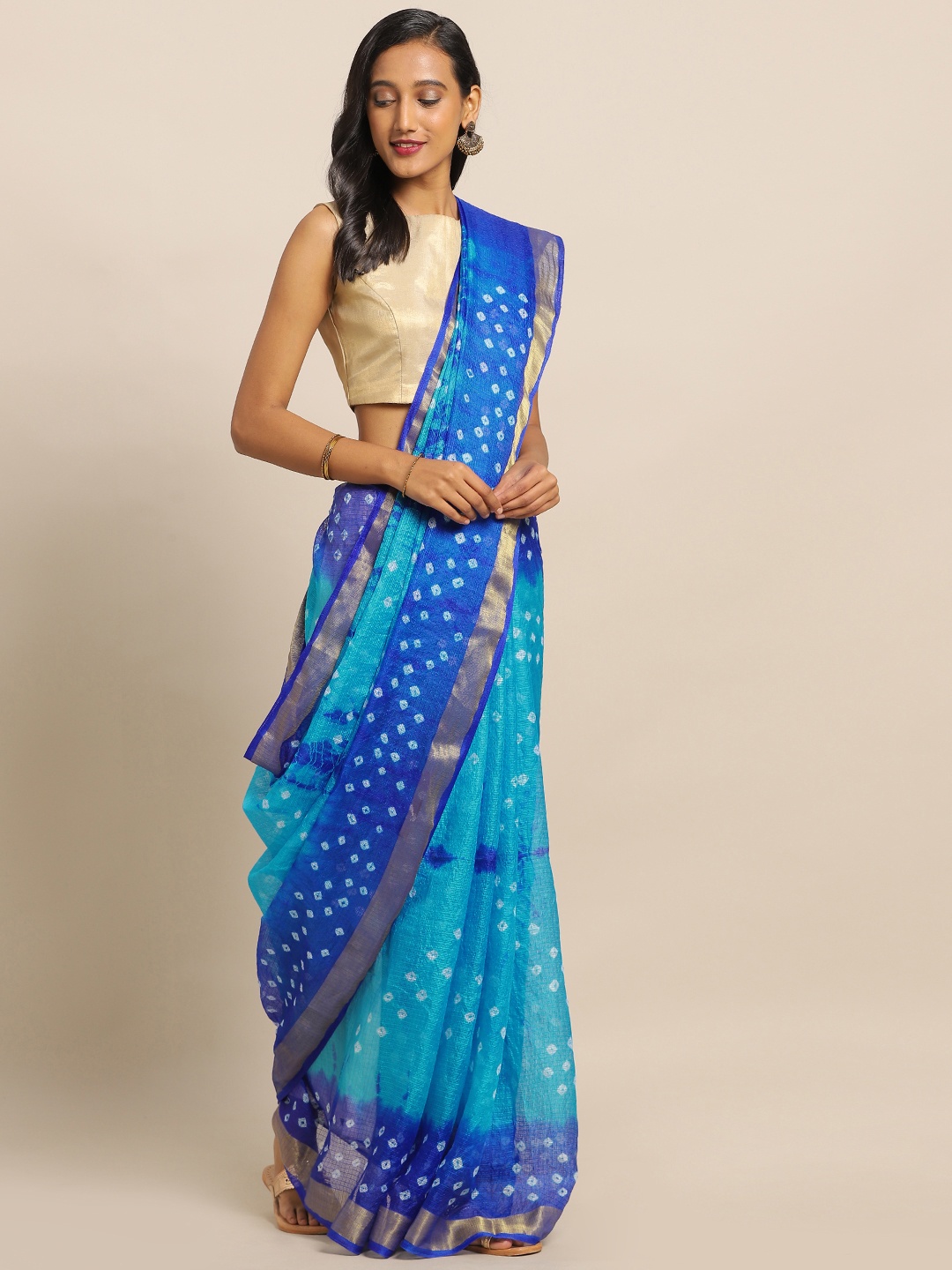 

Geroo Jaipur Hand Dyed Bandhani Kota Silk Sustainable Saree, Blue