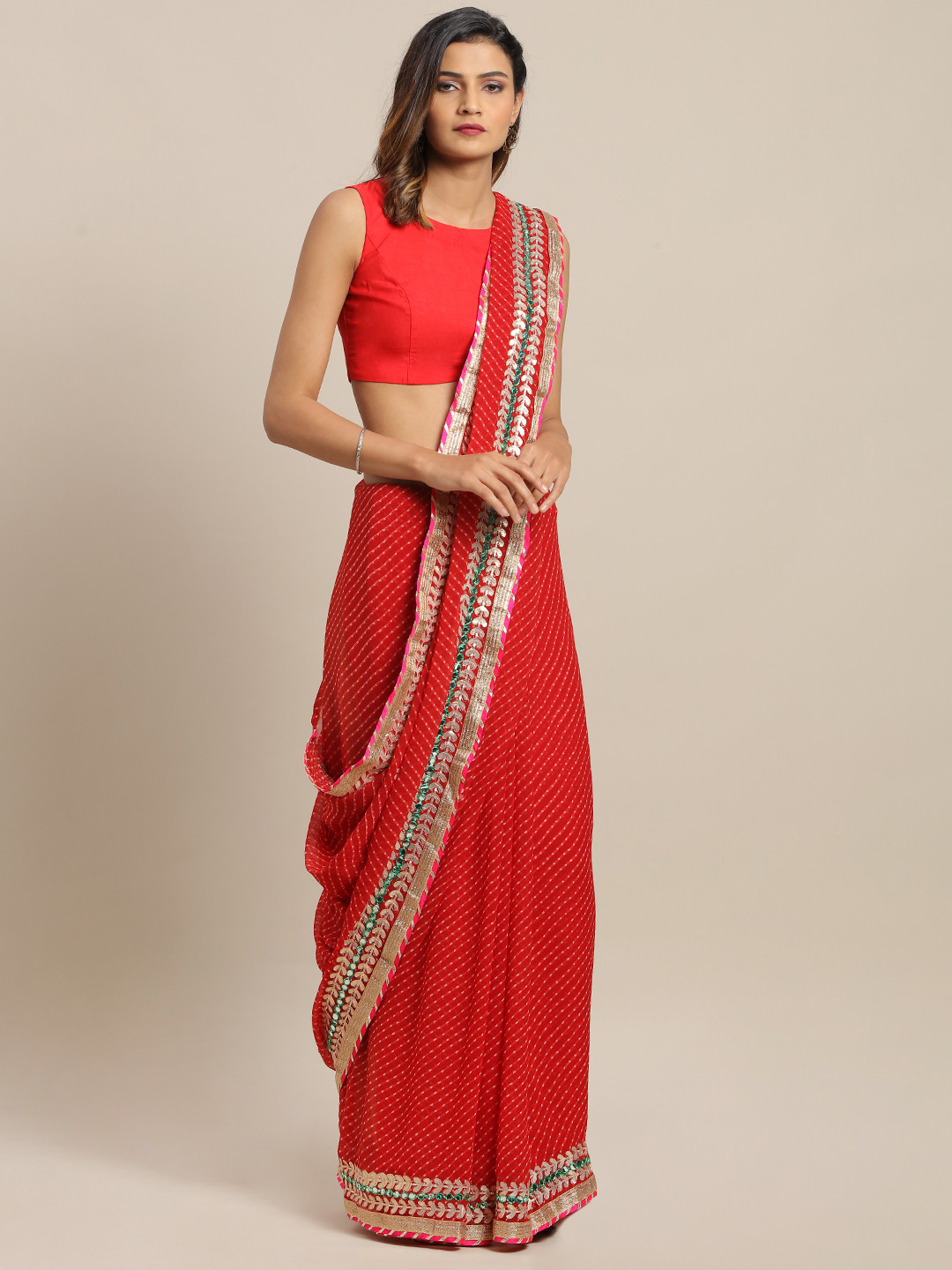 

Geroo Jaipur Red Hand Embellished Georgette Saree