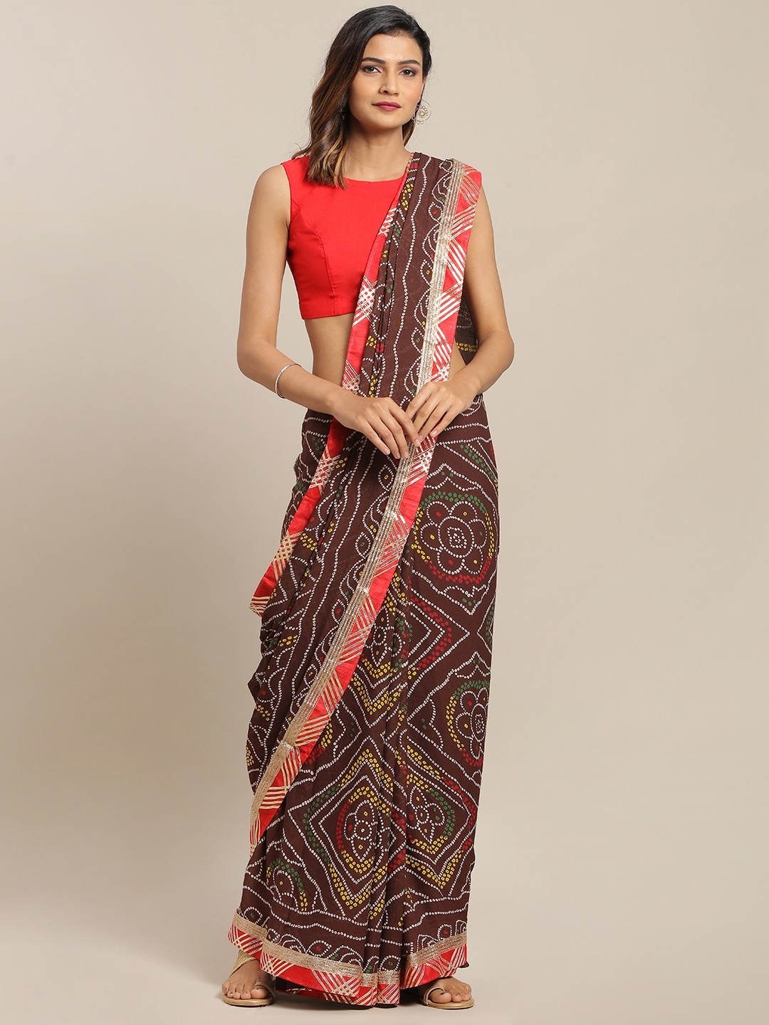 

Geroo Jaipur Hand Dyed Brown Bandhani Georgette Sustainable Saree