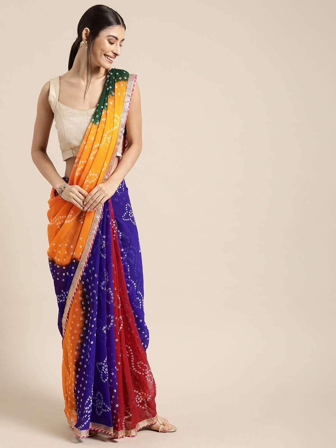 

Mitera Hand Dyed Multicolor Bandhani Chiffon Sustainable Saree, Blue