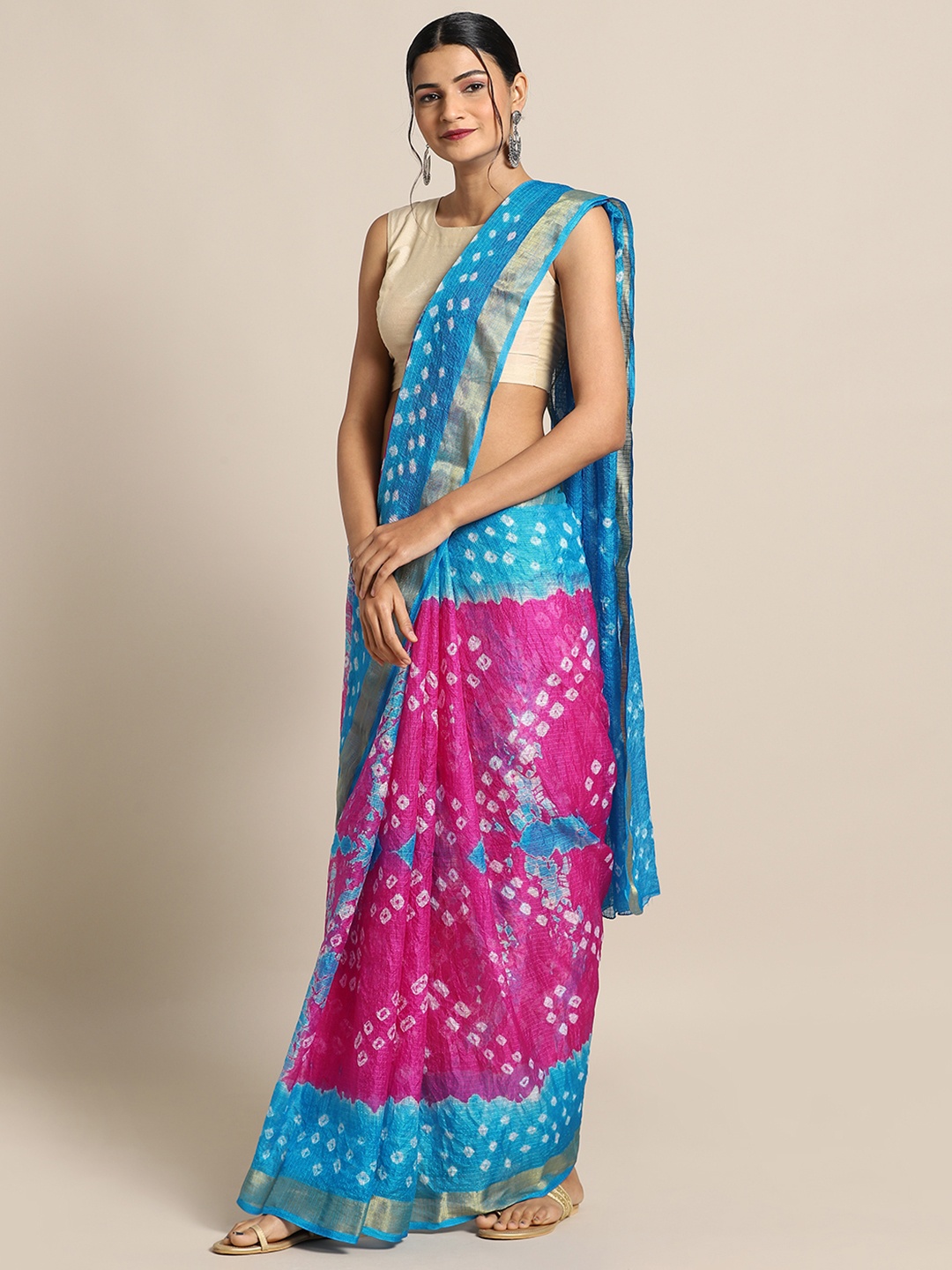 

Geroo Jaipur Hand Dyed Pink & Blue Bandhani Kota Silk Sustainable Saree