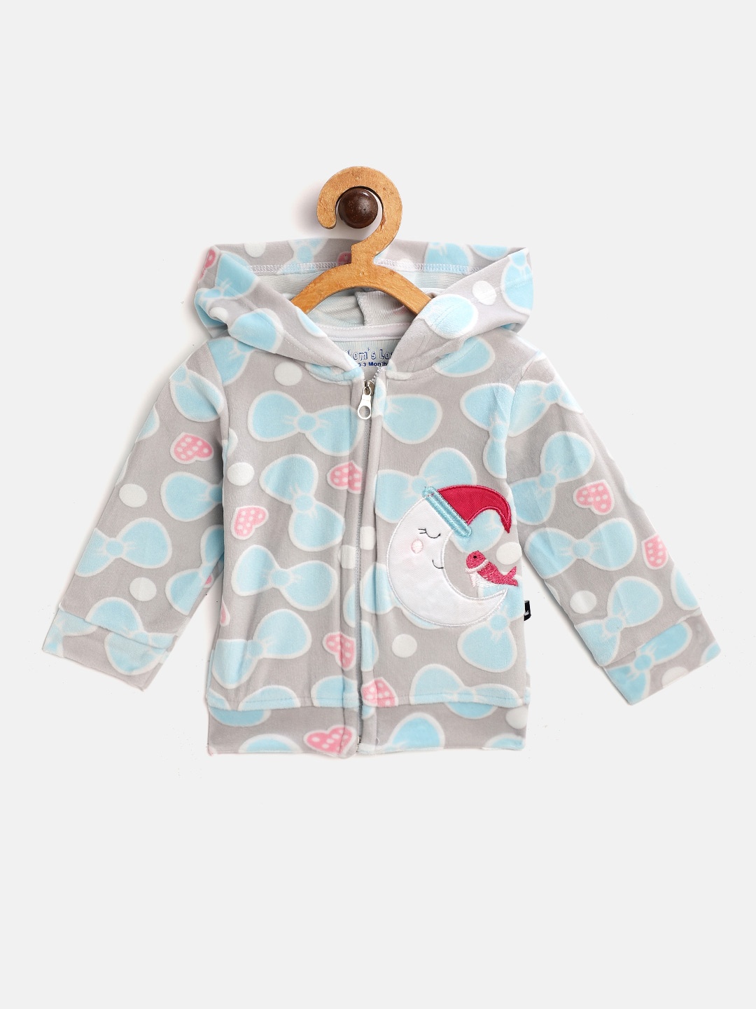 

Moms Love Infant Girls Grey & Blue Heart Print Applique Detail Cotton Hooded Sweatshirt