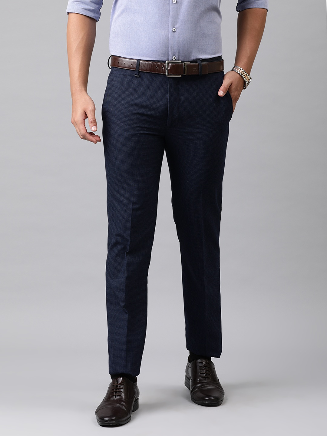 

Van Heusen Men Navy Blue Slim Fit Checked Formal Trousers