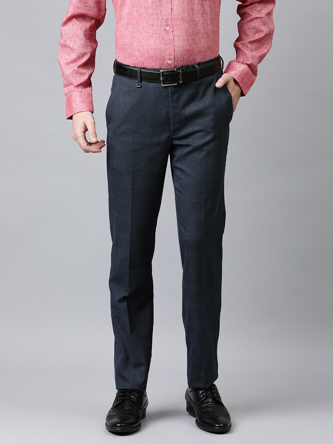 

Van Heusen Men Navy Blue Slim Fit Checked Formal Trousers