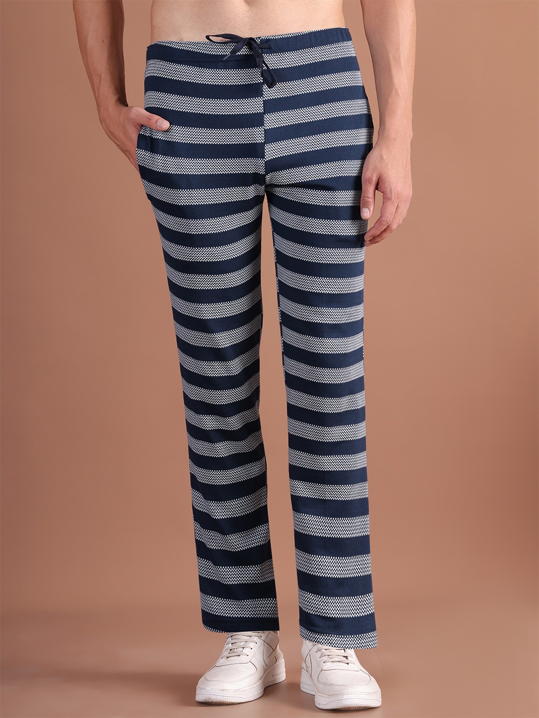 

VIMAL JONNEY Men Navy Blue & Grey Striped Track Pants