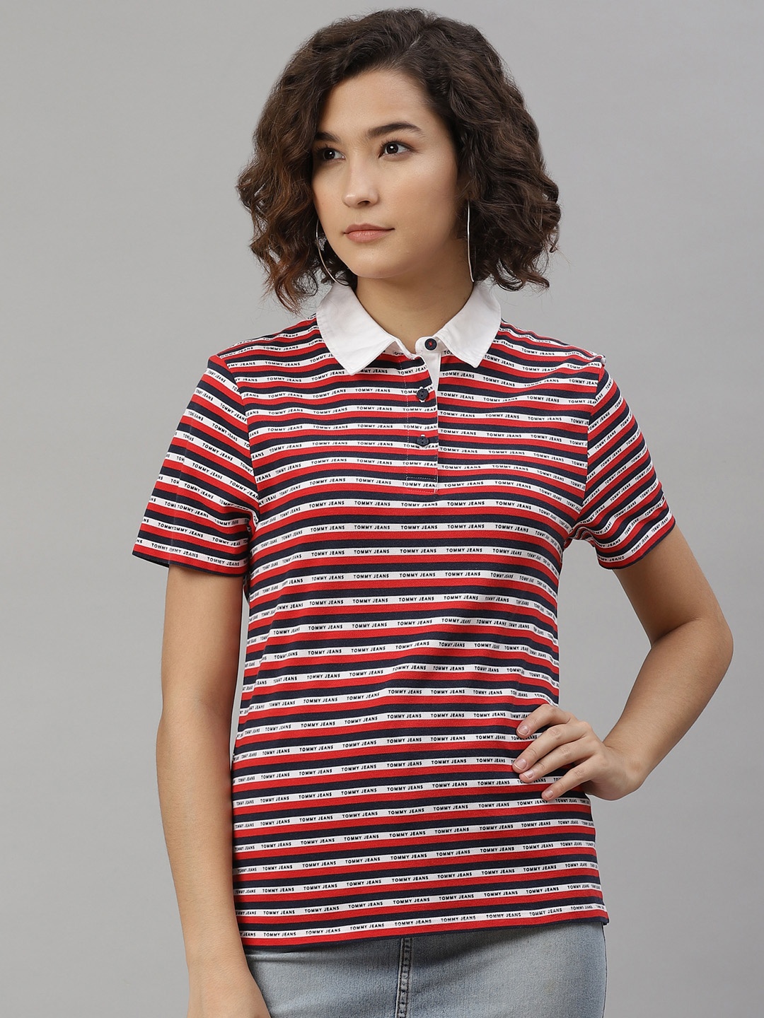 

Tommy Hilfiger Women Red & White Pure Cotton Striped Polo Collar T-shirt