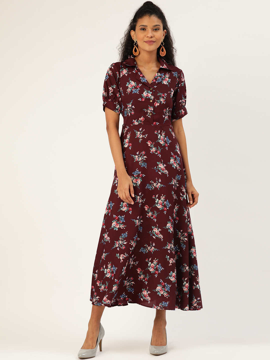 

U&F Women Burgundy & Green Floral Printed Tie-Up Maxi Dress