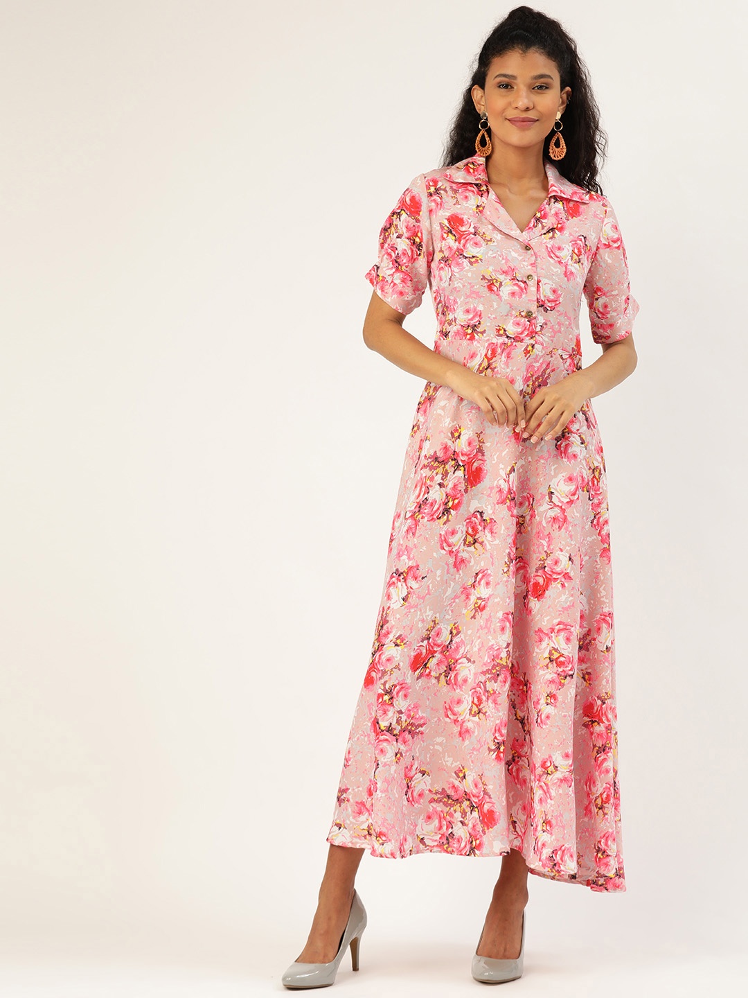 

U&F Women Pink Floral Printed Tie-Up Maxi Dress