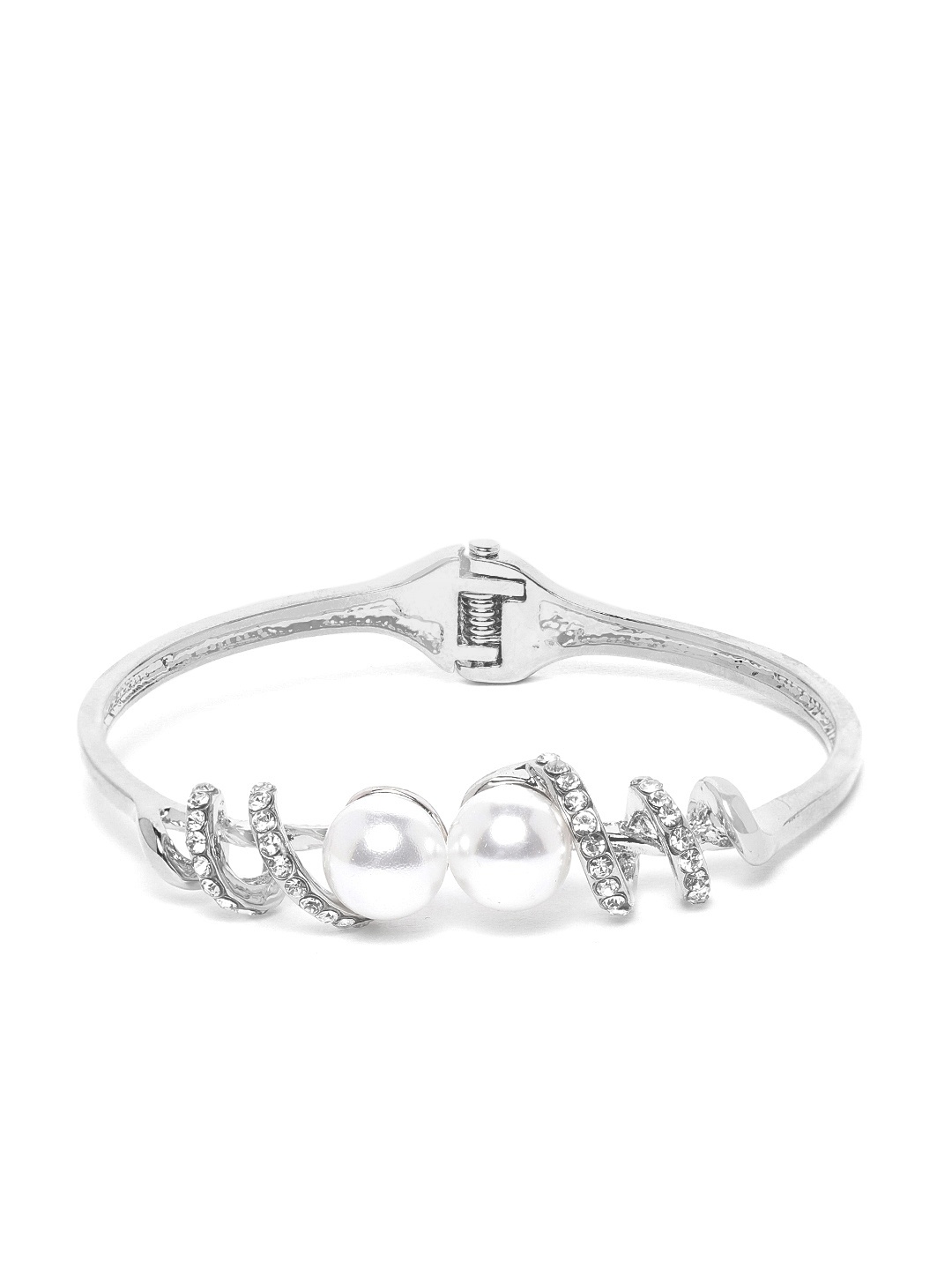 

Carlton London Silver-Toned Rhodium-Plated CZ Studded & Beaded Bangle-Style Bracelet