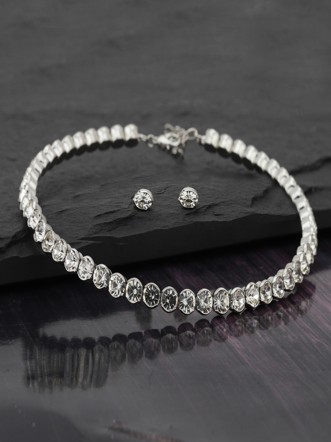 

Carlton London Gunmetal-Toned Rhodium-Plated CZ-Studded Jewellery Set, Metallic