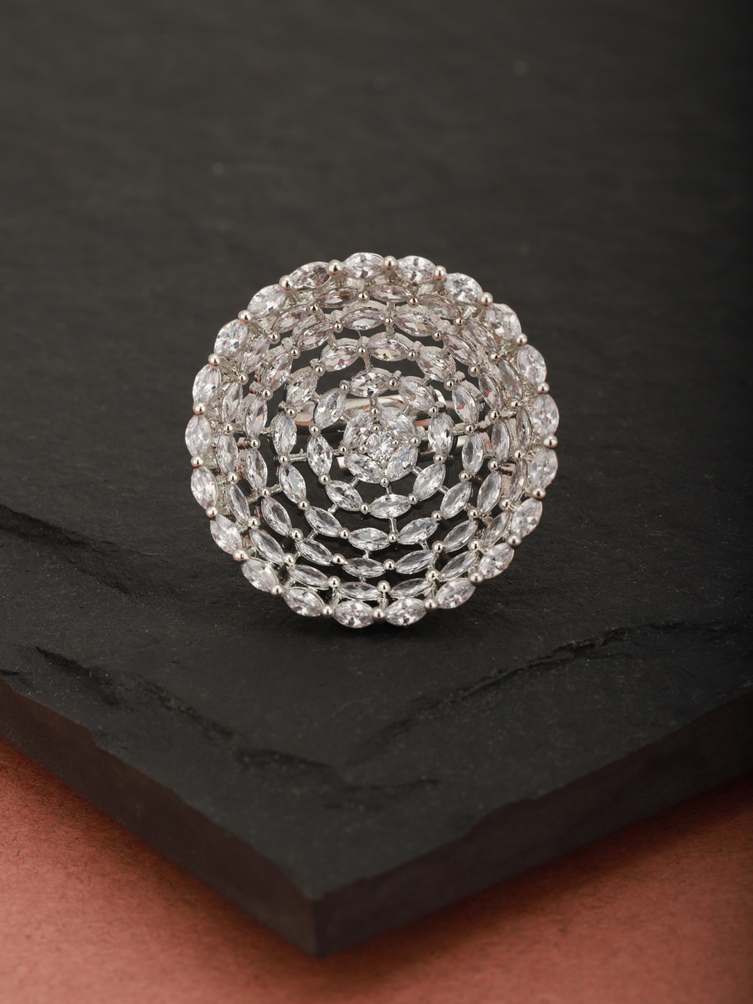 

Carlton London Women Silver-Toned Rhodium-Plated CZ-Studded Adjustable Finger Ring