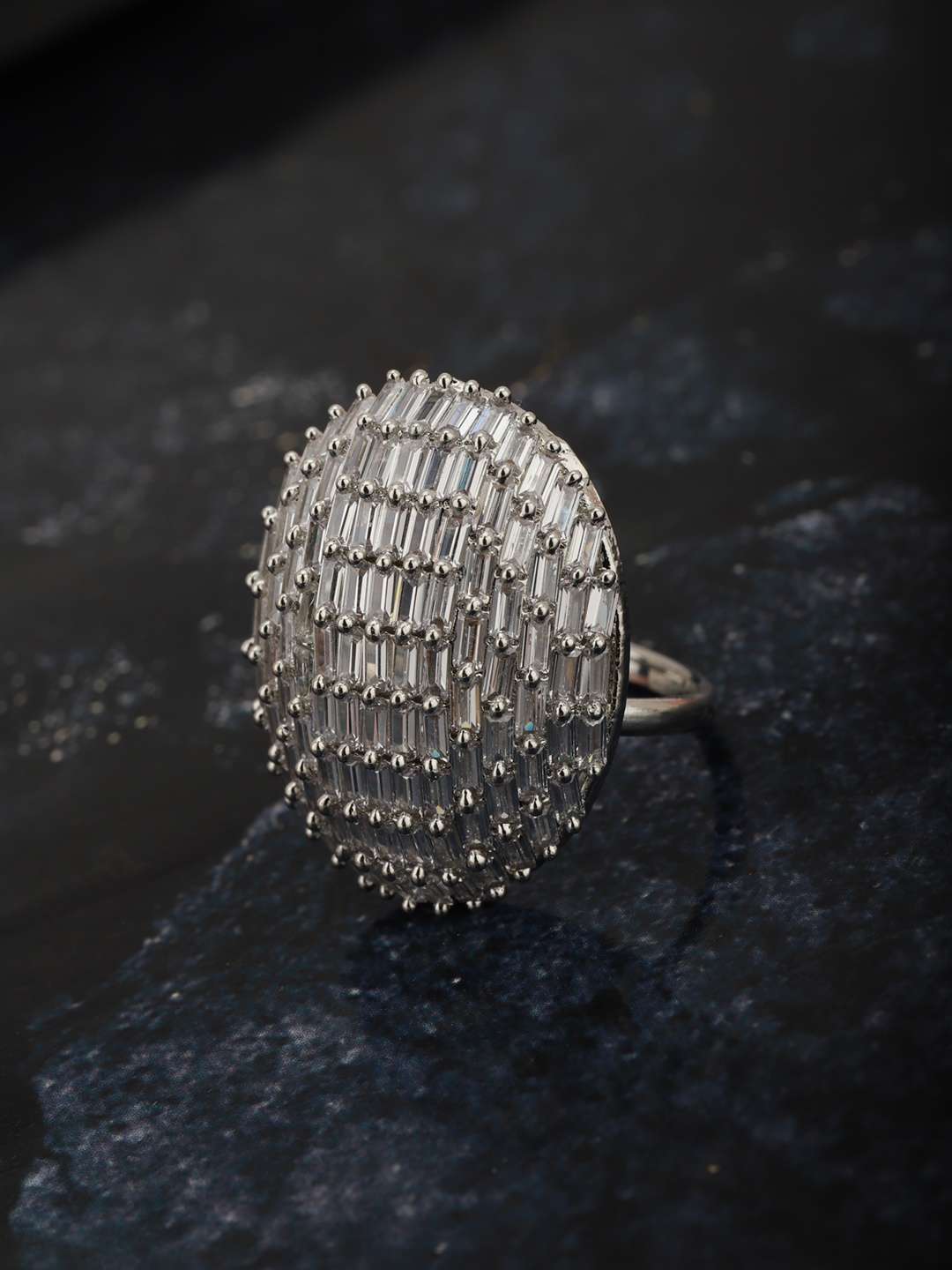 

Carlton London Women Silver-Toned Rhodium-Plated CZ-Studded Oval Adjustable Finger Ring