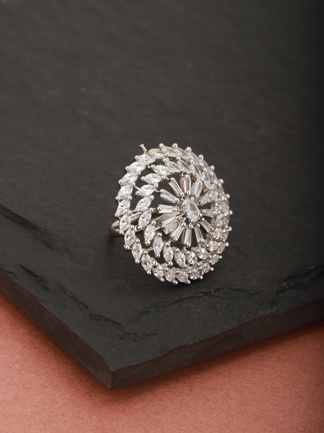 

Carlton London Women Silver-Toned Rhodium-Plated CZ-Studded Adjustable Finger Ring