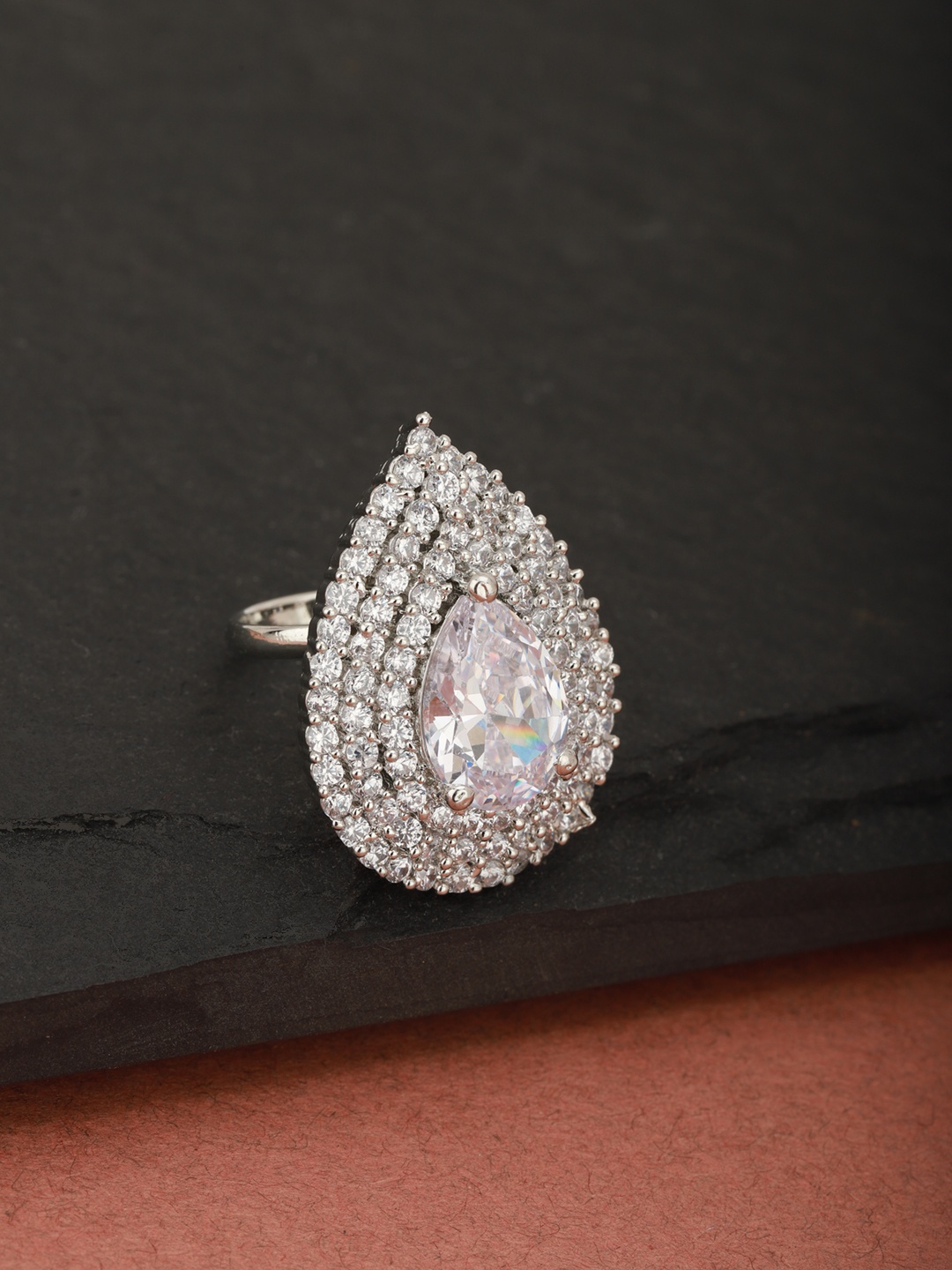 

Carlton London Women Silver-Toned Rhodium-Plated CZ-Studded Adjustable Finger Ring